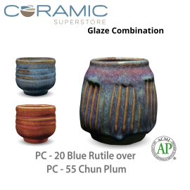 Blue Rutile PC-20 over Chun Plum PC-55 Pottery Cone 5 Glaze Combination